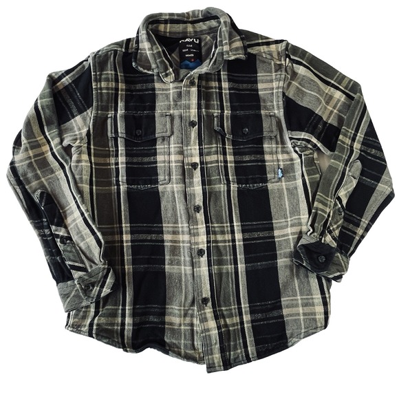 Kavu Other - KAVU Flannel Mens Sz M Gray Black Plaid Button Down Shacket Shirt Ironworks Top